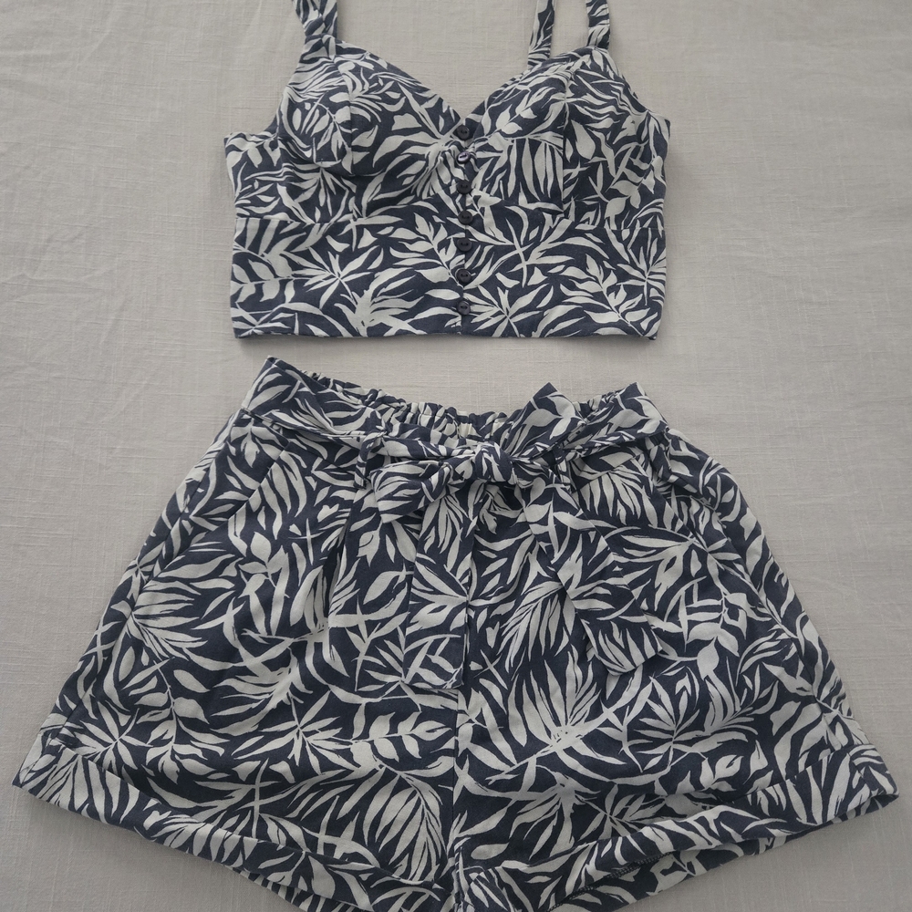 Navy Blue Leaf Print Two-Piece Set